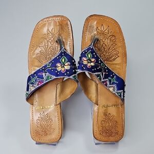 Wanted Blue Bombay Embroidered Sandals Wooden Heel Size 8